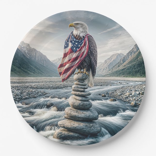 Bald Eagle With American Flag On a Cairn Paper Plate (Front)