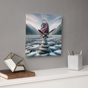 Bald Eagle With American Flag On Cairn Square Wall Clock