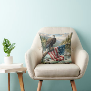 Bald Eagle With American Flag On Tree Branch Cushion