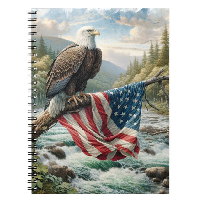Bald Eagle With American Flag On Tree Branch Notebook (Front)