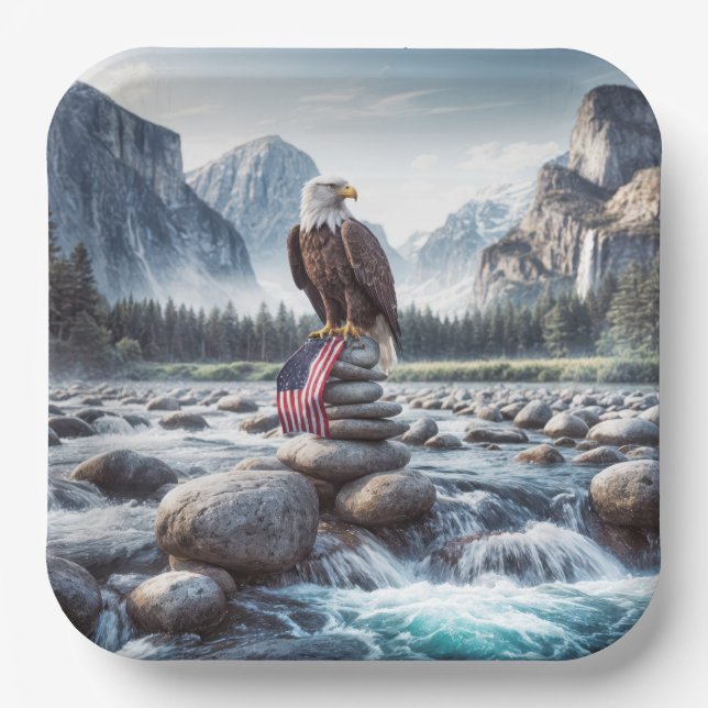 Bald Eagle With an American Flag On a Cairn Paper Plate (Front)