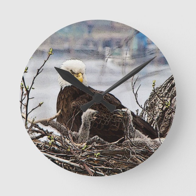 Bald Eagle with eaglets Round Clock (Front)