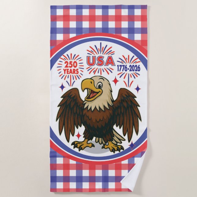 Bald Eagle with Fireworks– USA 250 Years 1776-2026 Beach Towel (Front)