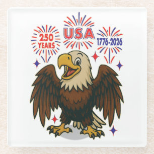 Bald Eagle with Fireworks– USA 250 Years 1776-2026 Glass Coaster