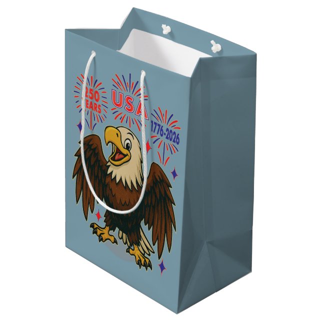Bald Eagle with Fireworks– USA 250 Years 1776-2026 Medium Gift Bag (Back Angled)