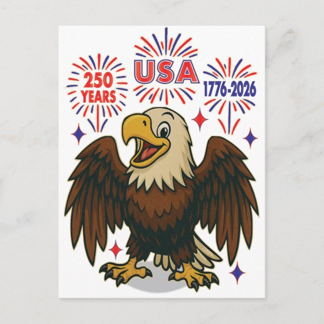 Bald Eagle with Fireworks– USA 250 Years 1776-2026 Postcard (Front)