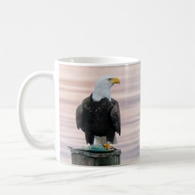 Bald Eagle With Fish On Dock - "Marge the Eagle" Coffee Mug (Left)