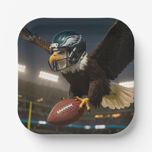 Bald Eagle With Football and Helmet In Stadium Paper Plate (Front)