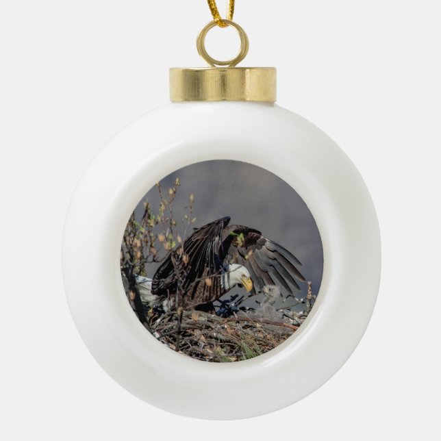 Bald Eagle with her baby Ceramic Ball Christmas Ornament (Front)