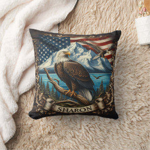 Bald Eagle With Mountains and Flag Cushion