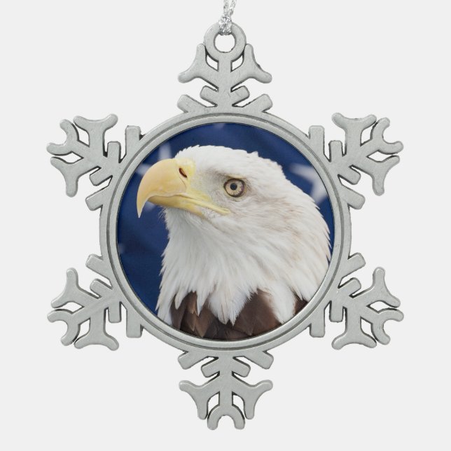 Bald Eagle with the American Flag Snowflake Pewter Christmas Ornament (Front)