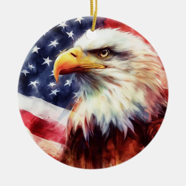 Bald Eagle with United States of America flag Ceramic Ornament (Front)