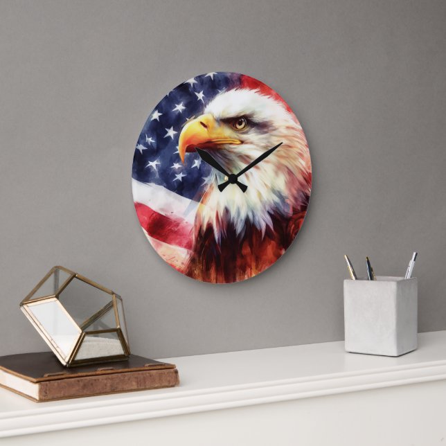 Bald Eagle with United States of America flag Large Clock (Office)