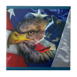 Bald Eagle Wolf American Flag Ceramic Tile