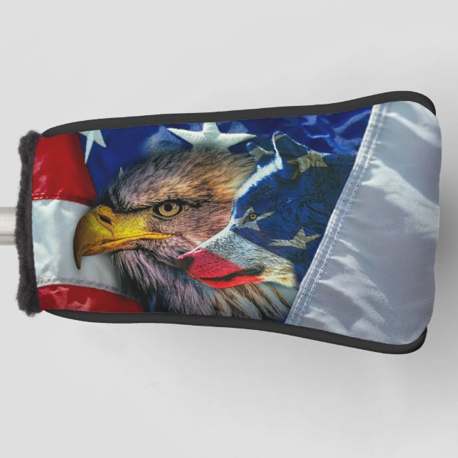 Bald Eagle Wolf American Flag Golf Head Cover (Front)