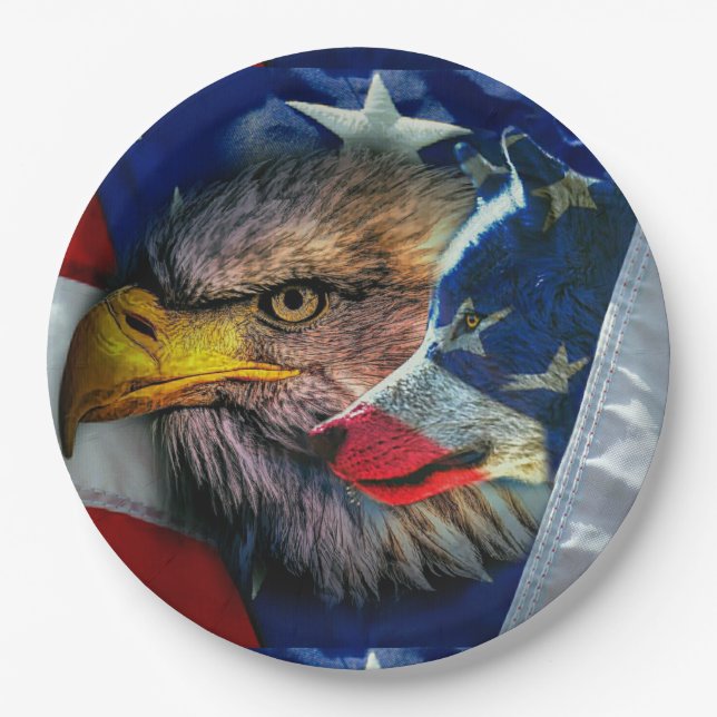 Bald Eagle Wolf American Flag Paper Plate (Front)