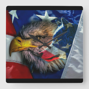 Bald Eagle Wolf American Flag Square Wall Clock