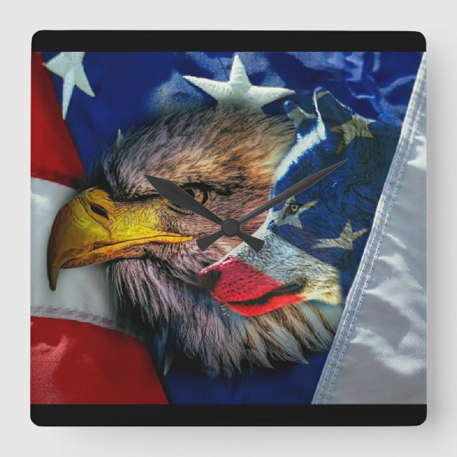 Bald Eagle Wolf American Flag Square Wall Clock (Front)