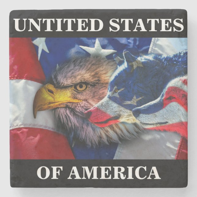 Bald Eagle Wolf American Flag Stone Coaster (Front)