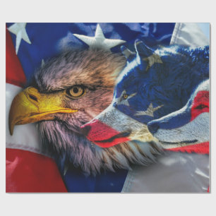 Bald Eagle Wolf American Flag Wrapping Paper