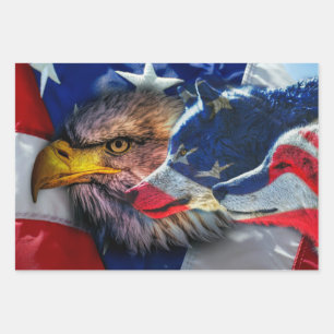 Bald Eagle Wolf American Flag Wrapping Paper Sheet