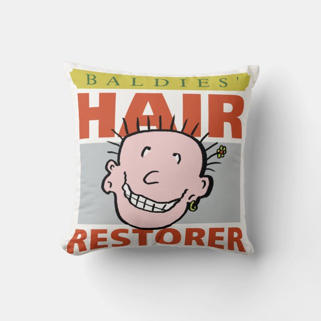 Baldies Hair Restorer. Bald Man Gift Cushion (Front)