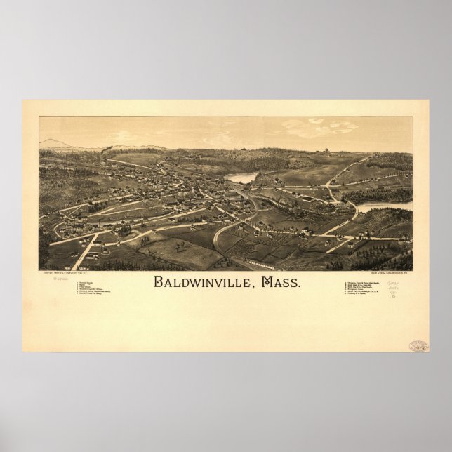 Baldwinville Mass. 1886 Antique Panoramic Map Poster (Front)