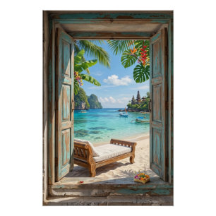 Bali Beach Temple Faux Window Tropical Ocean View Poster