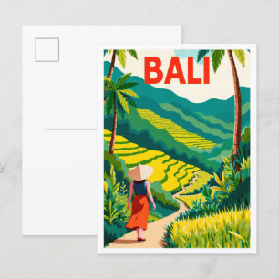 Bali Indonesia Art Vintage Illustration Travel Postcard