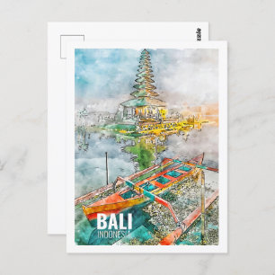Bali Indonesia Famous Travel Watercolor Sketch Postcard