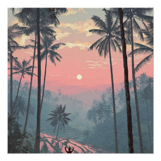 Bali Indonesia Tall Tropical Palm Trees Vintage Poster