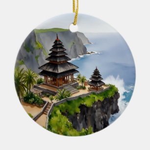 Bali Indonesia Uluwatu Temple Watercolor Ceramic Ornament