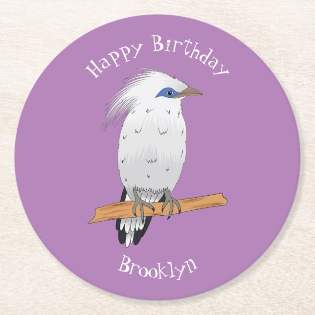 Bali Myna tropical exotic bird Round Paper Coaster (Front)