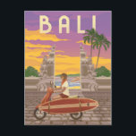 Bali Postcard<br><div class="desc">Vintage style greeting postcard of Bali. Sun goes down,  An adventurous girl on a scooter bike with surfboard on it driving along the road in front of Kuta-Legian beach with its traditional Balinese gate. Original illustration by Nasir Udin for Vectro Poster Co.</div>