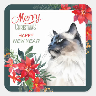 Balinese Cat Poinsettia Border Christmas Square Sticker