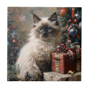 Balinese Kitten Christmas Cat Portrait Art Ceramic Tile