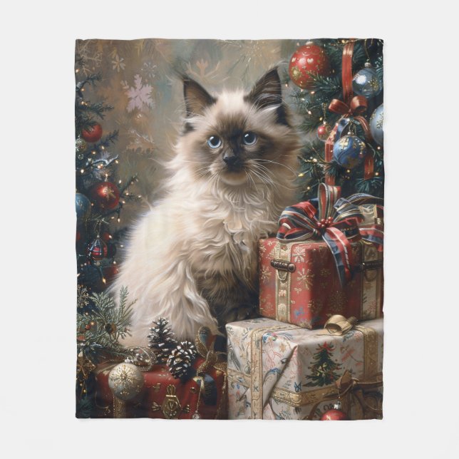 Balinese Kitten Christmas Cat Portrait Art Fleece Blanket (Front)