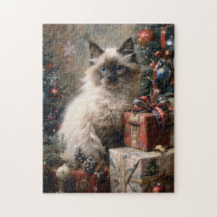 Balinese Kitten Christmas Cat Portrait Art Jigsaw Puzzle
