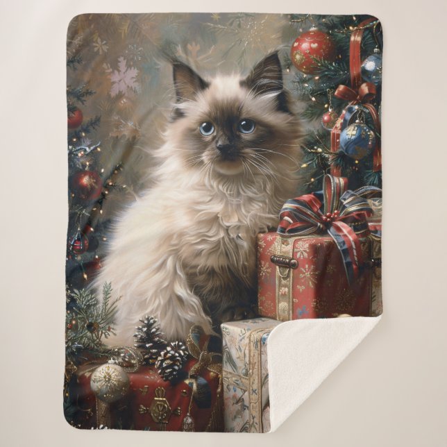 Balinese Kitten Christmas Cat Portrait Art Sherpa Blanket (Front)