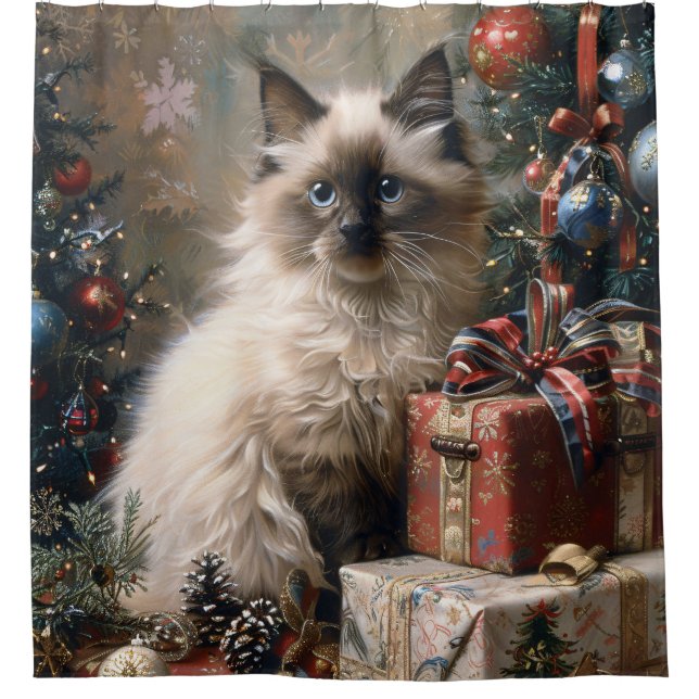 Balinese Kitten Christmas Cat Portrait Art Shower Curtain (Front)