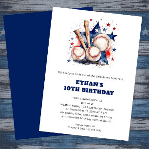 Ball Bats Stars Kids Baseball Birthday Red Blue Invitation