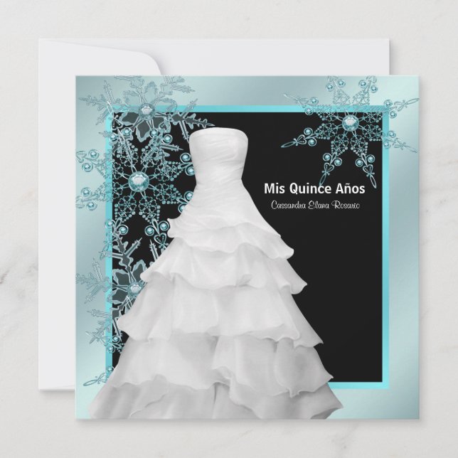 Ball Gown Teal Blue Winter Snowflakes Quinceanera Invitation (Front)