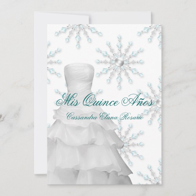 Ball Gown Teal Blue Winter Snowflakes Quinceanera Invitation (Front)