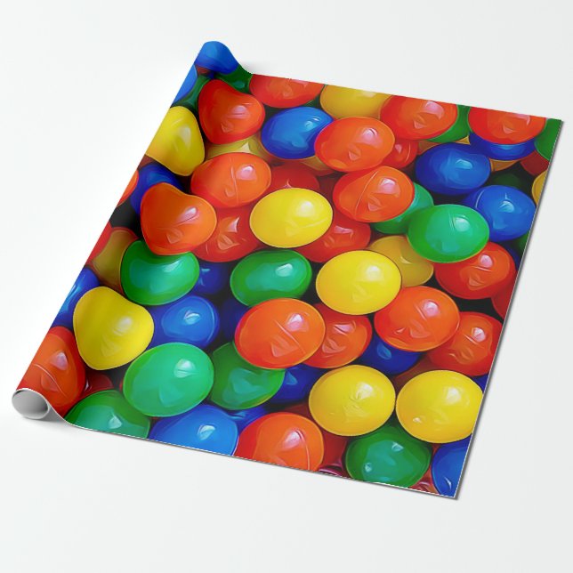 Ball Pit Bouncy Balls Blue, Green, Red, Yellow Wrapping Paper (Unrolled)