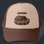Ball Python Snake, Brown and Tan Personalised Trucker Hat<br><div class="desc">This trucker's cap features a realistic style illustration of a coiled ball python snake in dark brown and tan. It's ready to be personalised with a name in dark brown lettering. Makes a great gift for pet snake owners.</div>