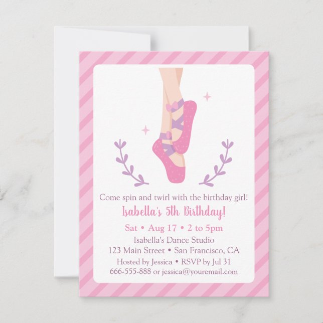 Ballerina and Ballet Shoes Girl Birthday Party Invitation (Front)