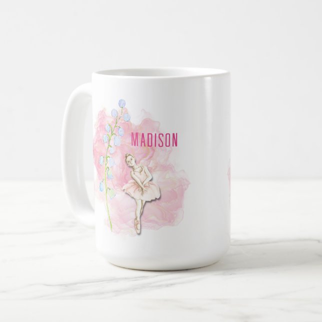 Ballerina and Lily of the Valley Floral on Pink Coffee Mug (Front Left)