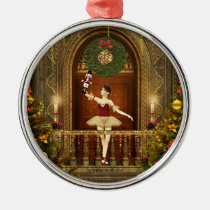 Ballerina and Nutcracker Round Silver Ornament