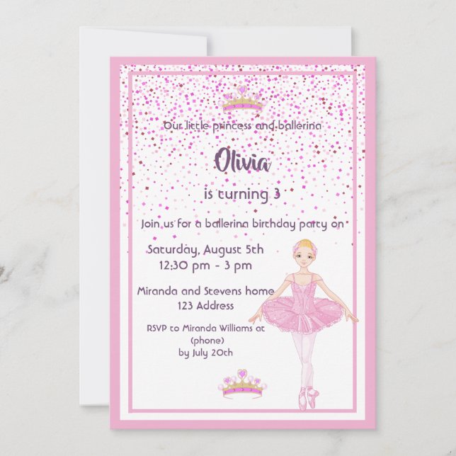 Ballerina and princess birthday party invitations (Front)