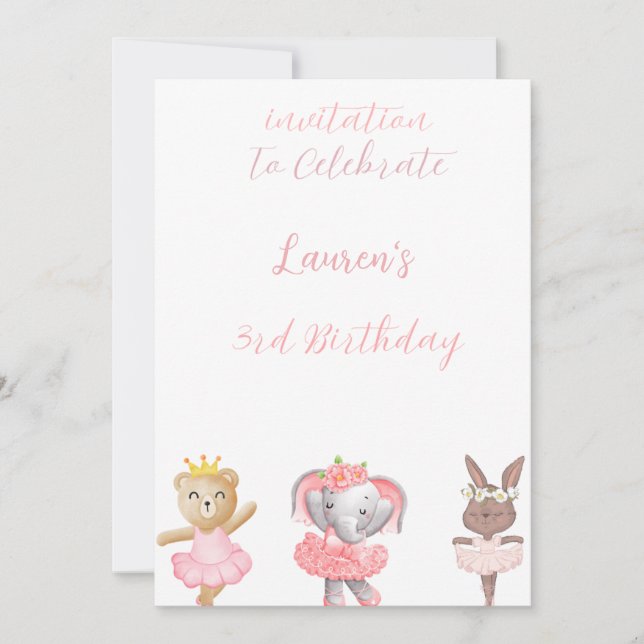 Ballerina "Animals" 3rd Birthday Invitation  (Front)